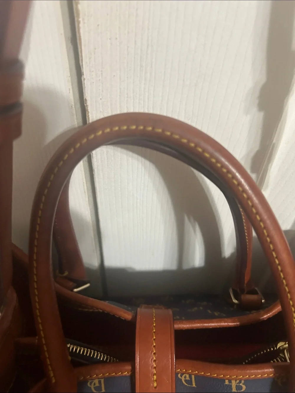 Dooney & Bourke Navy Logo Satchel with Brown Trim